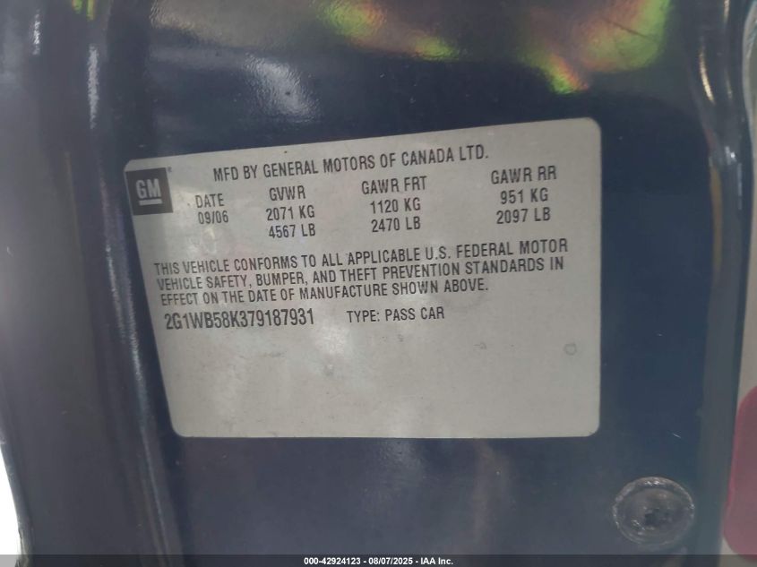 2007 Chevrolet Impala Ls VIN: 2G1WB58K379187931 Lot: 42924123