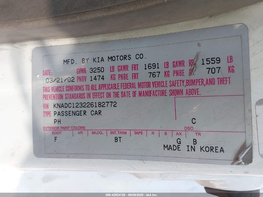 2002 Kia Rio VIN: KNADC123226182772 Lot: 42924126