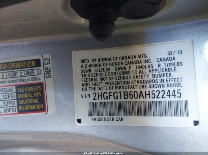 2010 Honda Civic Lx VIN: 2HGFG1B60AH522445 Lot: 42924168
