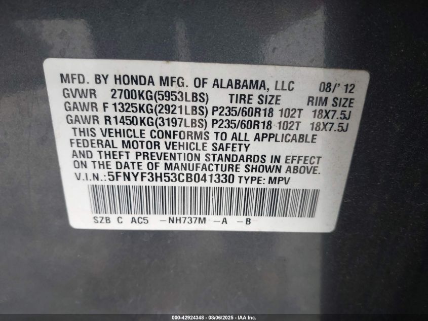 2012 Honda Pilot Ex-L VIN: 5FNYF3H53CB041330 Lot: 42924348