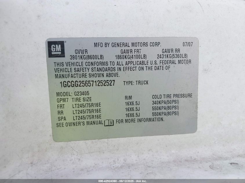 2007 Chevrolet Express Work Van VIN: 1GCGG256571252527 Lot: 42924360