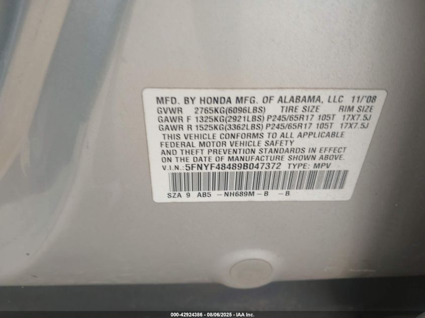 2009 Honda Pilot Ex VIN: 5FNYF48489B047372 Lot: 42924386