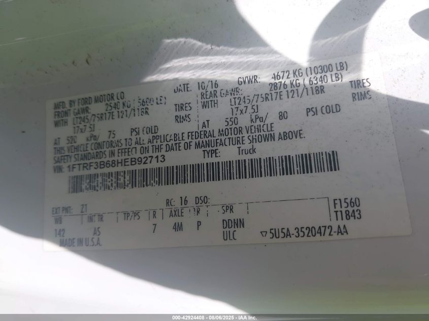 2017 Ford F-350 Xl VIN: 1FTRF3B68HEB92713 Lot: 42924408