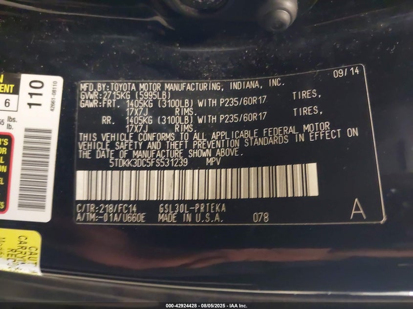 2015 Toyota Sienna Le 8 Passenger VIN: 5TDKK3DC5FS531239 Lot: 42924428