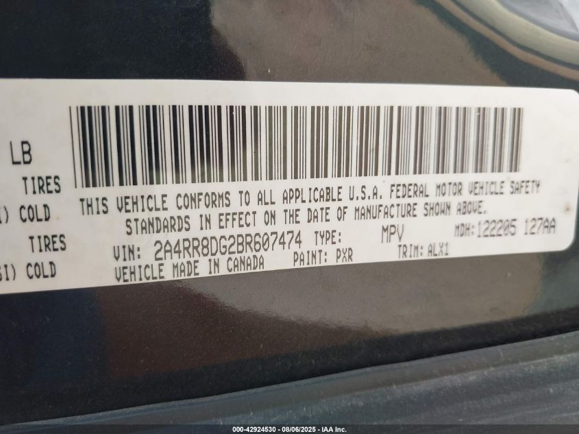 2011 Chrysler Town & Country Touring-L VIN: 2A4RR8DG2BR607474 Lot: 42924530