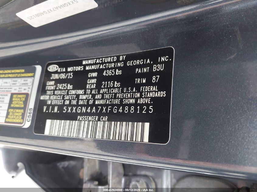 2015 Kia Optima Ex VIN: 5XXGN4A7XFG488125 Lot: 42924588