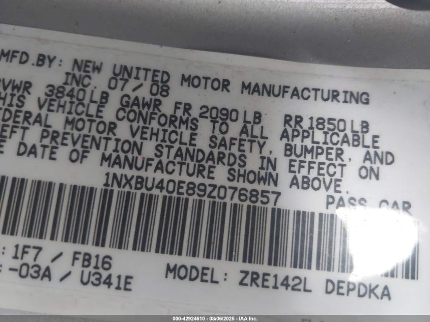 2009 Toyota Corolla Le VIN: 1NXBU40E89Z076857 Lot: 42924610