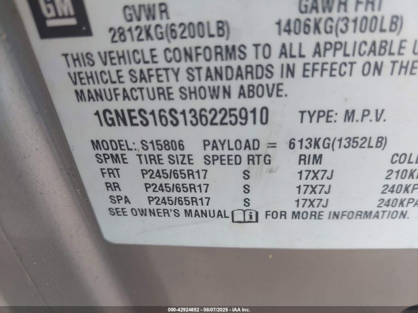 2003 Chevrolet Trailblazer Ext Ls VIN: 1GNES16S136225910 Lot: 42924652