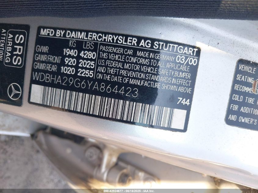 2000 Mercedes-Benz C 280 VIN: WDBHA29G6YA864423 Lot: 42924677