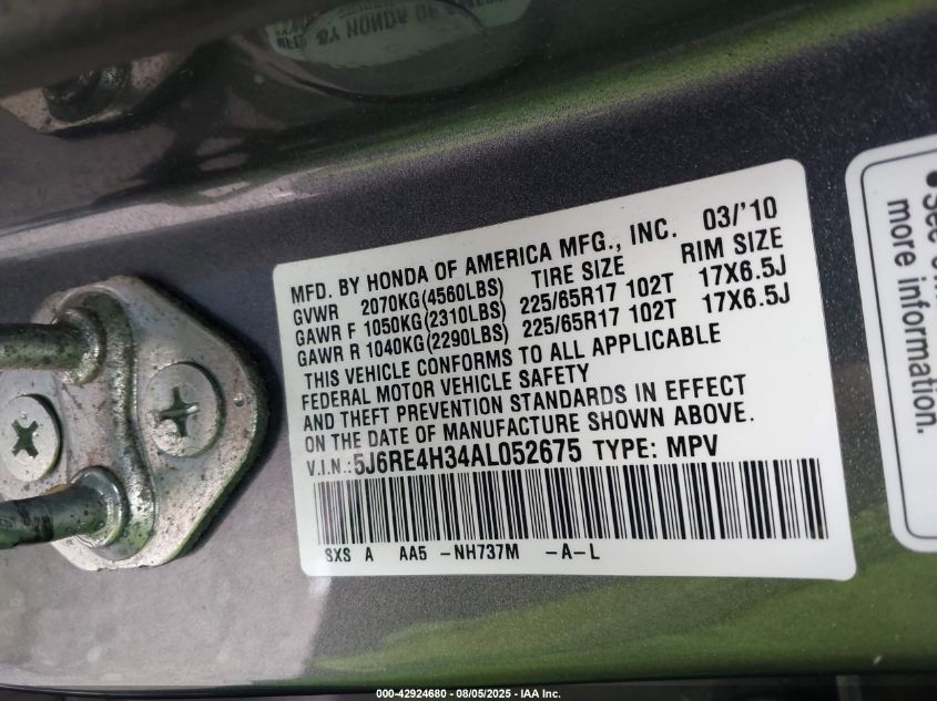 2010 Honda Cr-V Lx VIN: 5J6RE4H34AL052675 Lot: 42924680