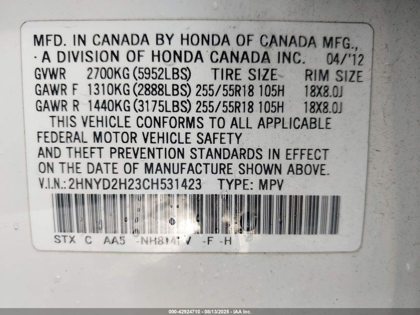 2012 Acura Mdx VIN: 2HNYD2H23CH531423 Lot: 42924710