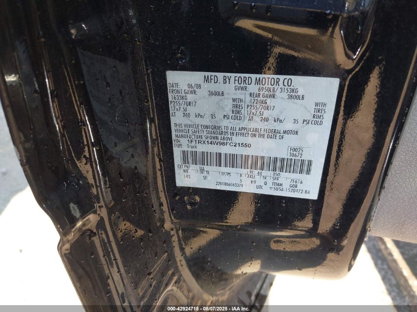 2008 Ford F-150 Stx/Xl/Xlt VIN: 1FTRX14W98FC21550 Lot: 42924718