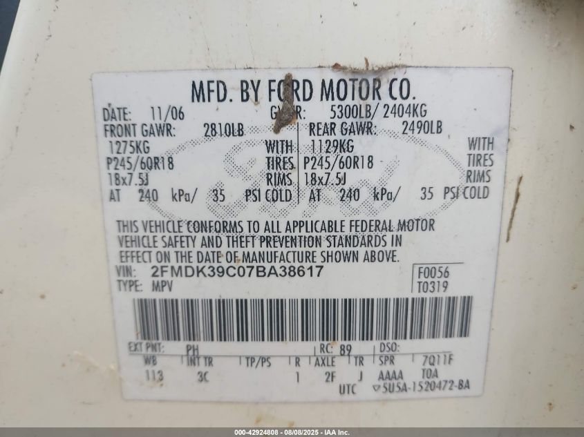 2007 Ford Edge Sel Plus VIN: 2FMDK39C07BA38617 Lot: 42924808