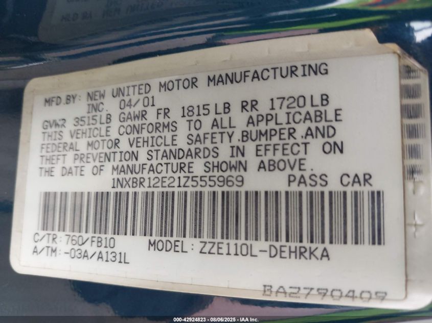 2001 Toyota Corolla Ce VIN: 1NXBR12E21Z555969 Lot: 42924823