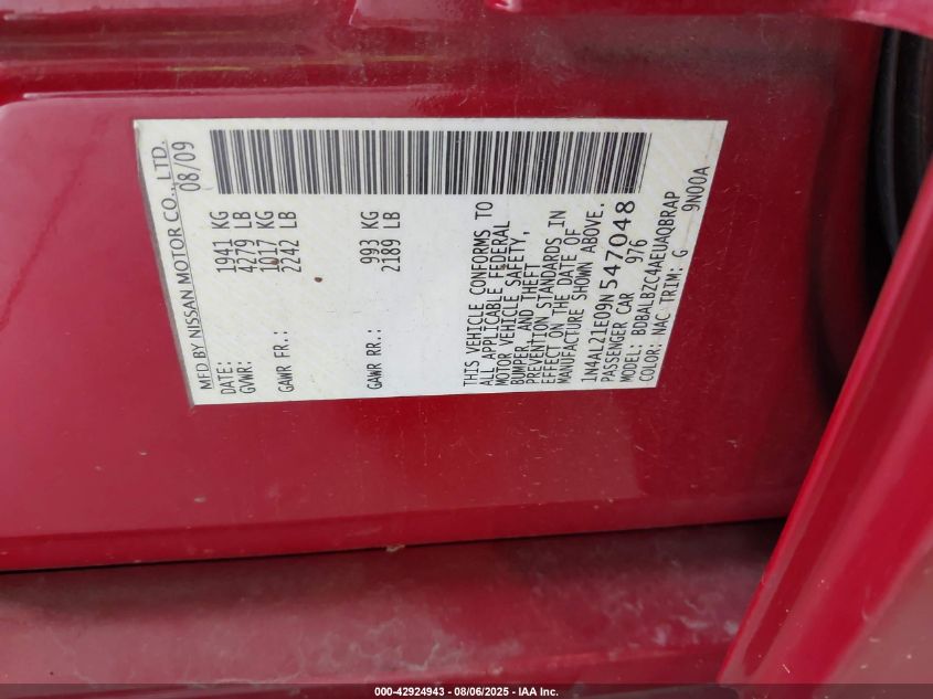 2009 Nissan Altima 2.5 S VIN: 1N4AL21E09N547048 Lot: 42924943