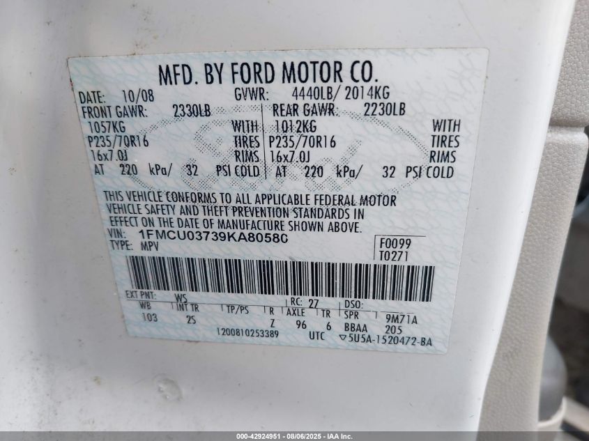 2009 Ford Escape Xlt VIN: 1FMCU03739KA80580 Lot: 42924951