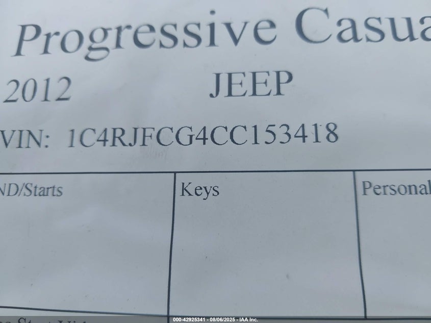 2012 Jeep Grand Cherokee Overland VIN: 1C4RJFCG4CC153418 Lot: 42925341