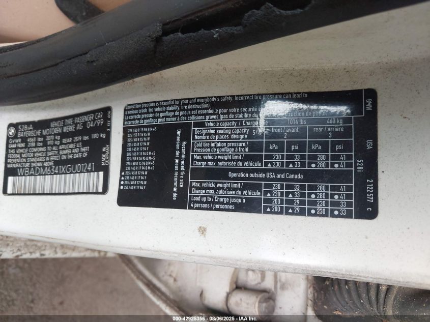 1999 BMW 528Ia VIN: WBADM6341XGU01241 Lot: 42925356