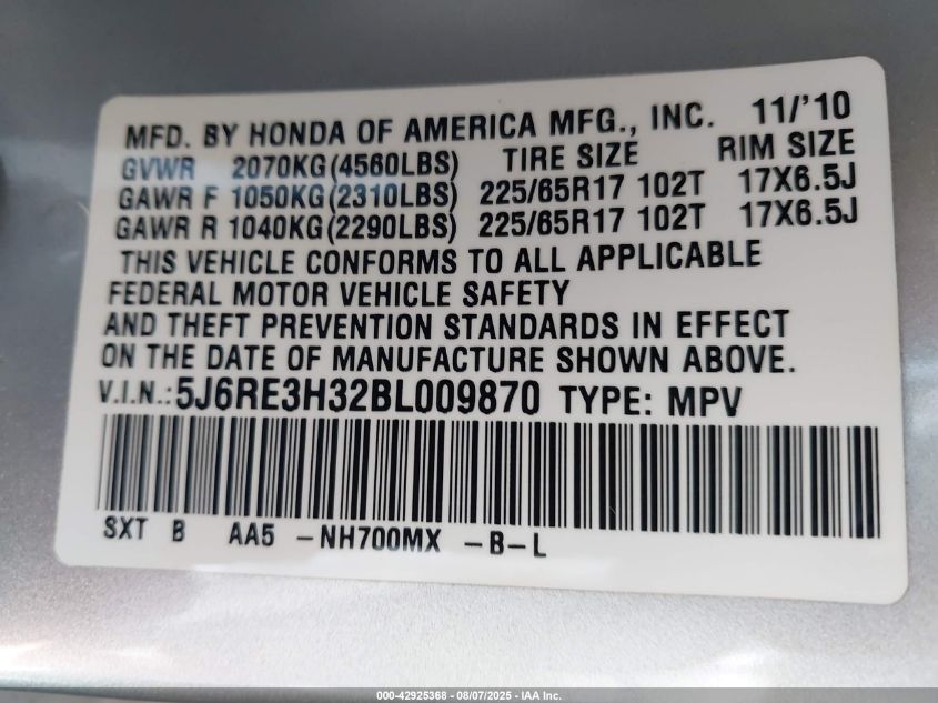 2011 Honda Cr-V Lx VIN: 5J6RE3H32BL009870 Lot: 42925368