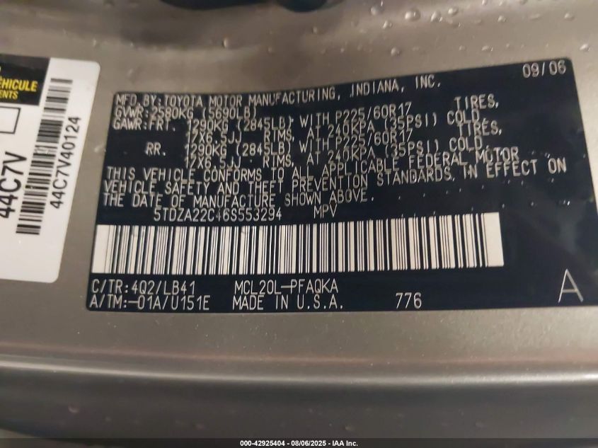 2006 Toyota Sienna Xle Limited VIN: 5TDZA22C46S553294 Lot: 42925404