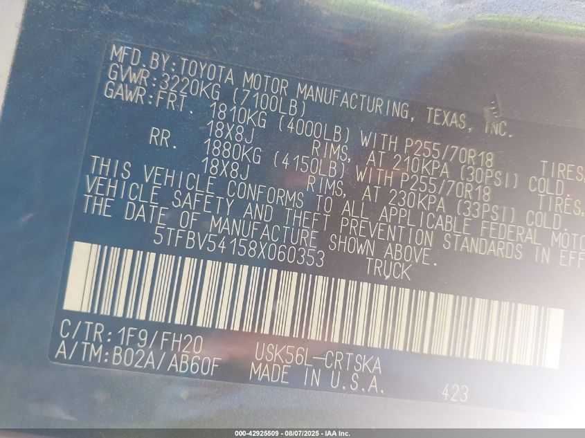 2008 Toyota Tundra Double Cab/Double Cab Sr5 VIN: 5TFBV54158X060353 Lot: 42925509