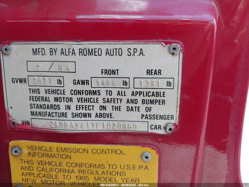 1985 Alfa Romeo Veloce 2000 Spider VIN: ZARBA5417F1020860 Lot: 42925611