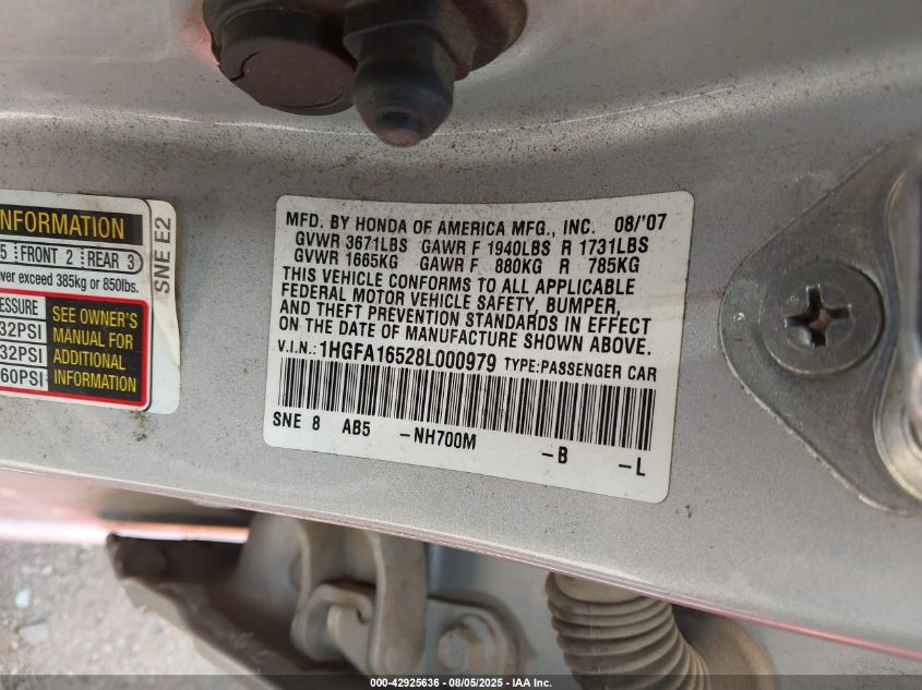 2008 Honda Civic Lx VIN: 1HGFA16528L000979 Lot: 42925636