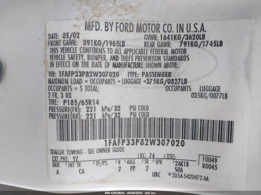 2002 Ford Focus Lx VIN: 1FAFP33P82W307020 Lot: 42925648