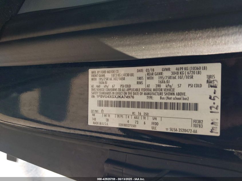 2018 Ford Transit-350 Xlt VIN: 1FBVU4XGXJKA74976 Lot: 42925759