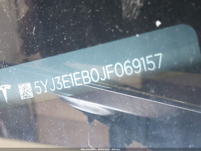 2018 Tesla Model 3 Long Range/Performance VIN: 5YJ3E1EB0JF069157 Lot: 42925801