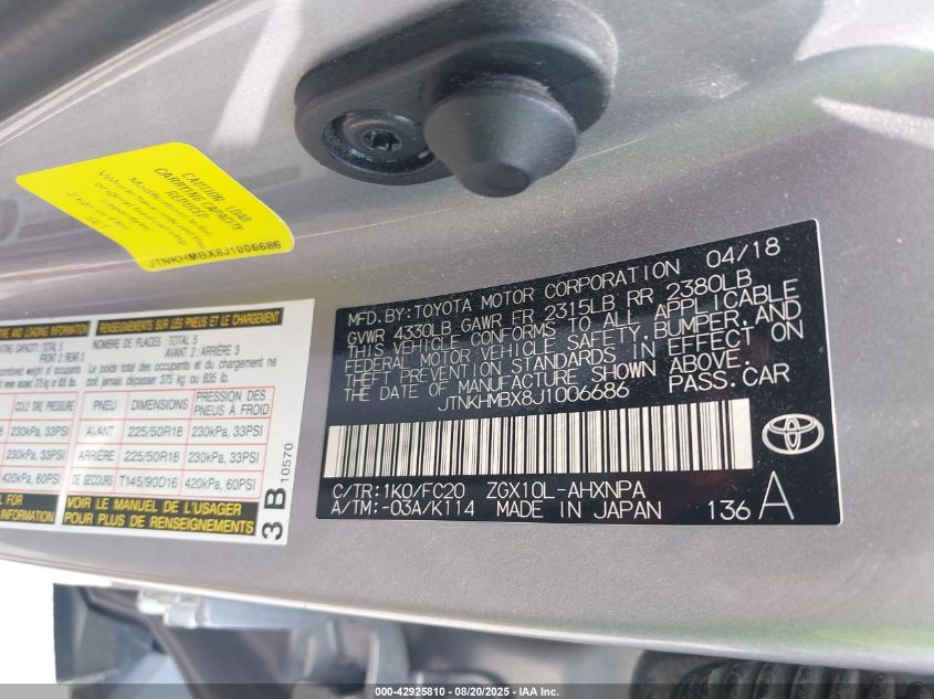 2018 Toyota C-Hr Xle/Xle Premium VIN: JTNKHMBX8J1006686 Lot: 42925810