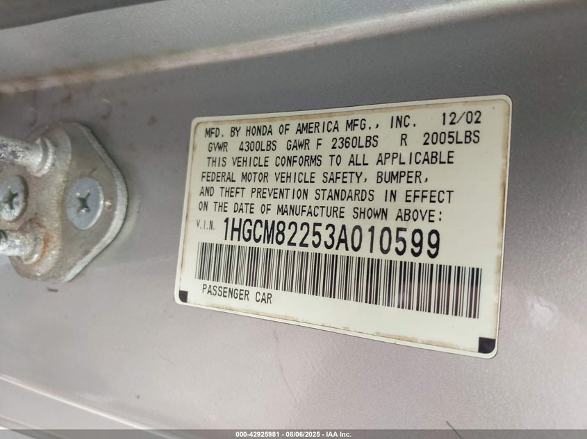 1HGCM82253A010599 2003 HONDA ACCORD photo no. 9