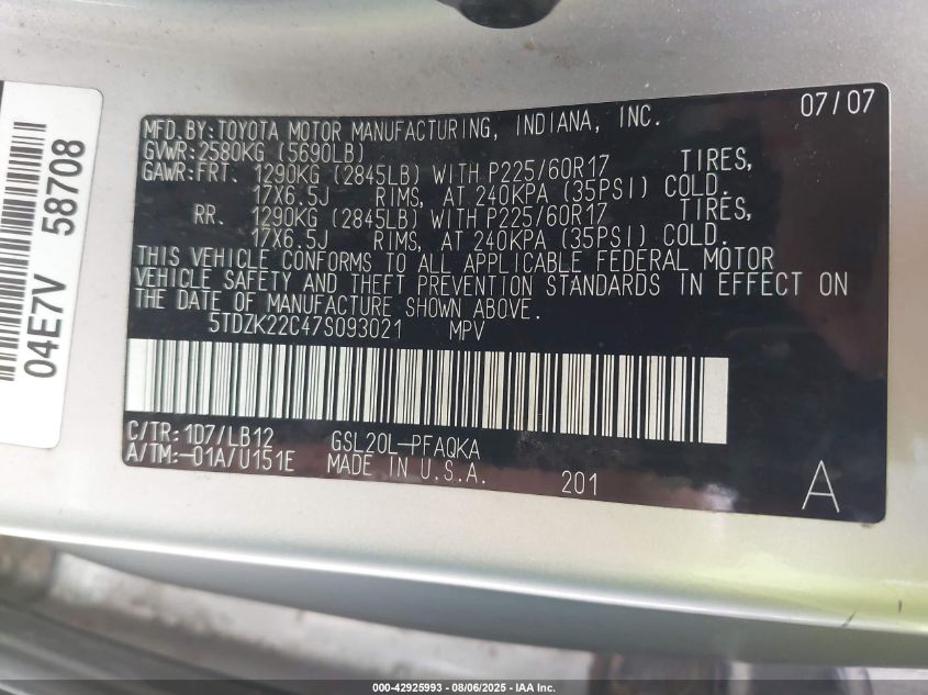 2007 Toyota Sienna Xle VIN: 5TDZK22C47S093021 Lot: 42925993