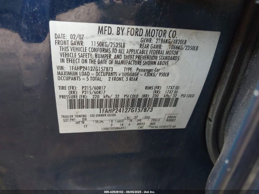 2007 Ford Five Hundred Sel VIN: 1FAHP24127G157873 Lot: 42926102