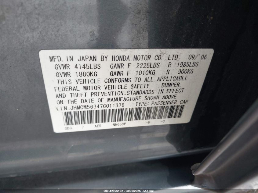 2007 Honda Accord 2.4 Se VIN: JHMCM56347C011378 Lot: 42926192