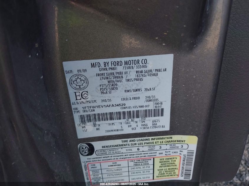 2010 Ford F-150 Fx4/Harley-Davidson/King Ranch/Lariat/Platinum/Xl/Xlt VIN: 1FTFW1EV1AFA34529 Lot: 42926293