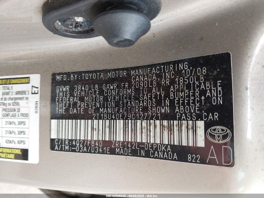 2009 Toyota Corolla Le VIN: 2T1BU40E79C127721 Lot: 42926325