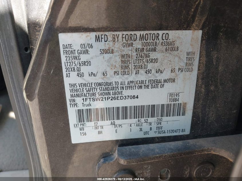 2006 Ford F-250 Lariat/Xl/Xlt VIN: 1FTSW21P26ED37084 Lot: 42926379