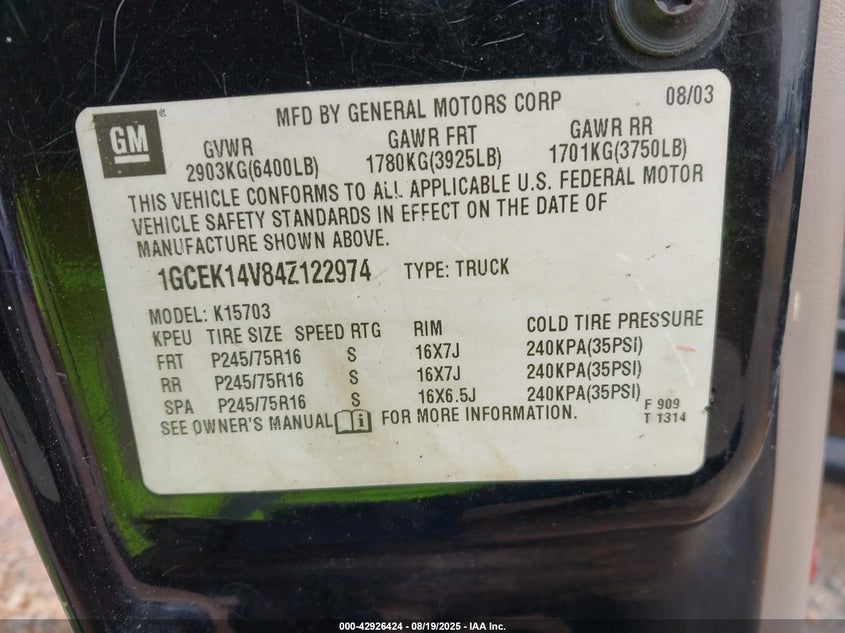 2004 Chevrolet Silverado 1500 Ls VIN: 1GCEK14V84Z122974 Lot: 42926424