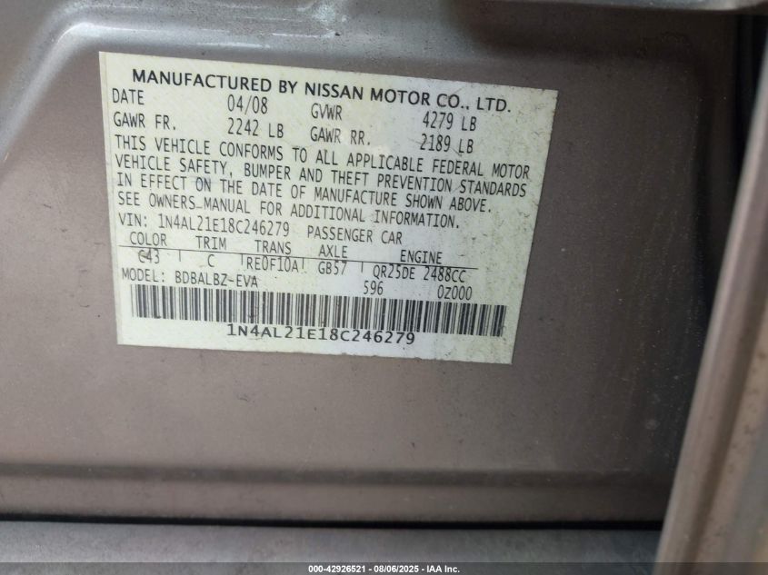 2008 Nissan Altima 2.5 S VIN: 1N4AL21E18C246279 Lot: 42926521