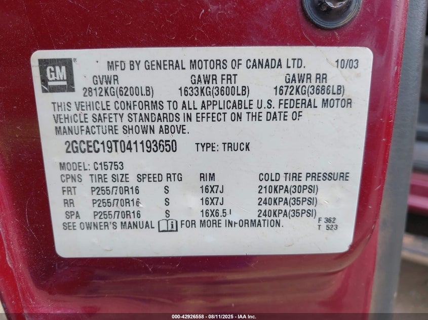 2004 Chevrolet Silverado Ls VIN: 2GCEC19T041193650 Lot: 42926558