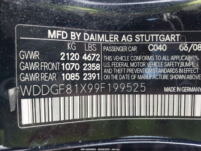 2009 Mercedes-Benz C 300 Sport 4Matic VIN: WDDGF81X99F199525 Lot: 42926598