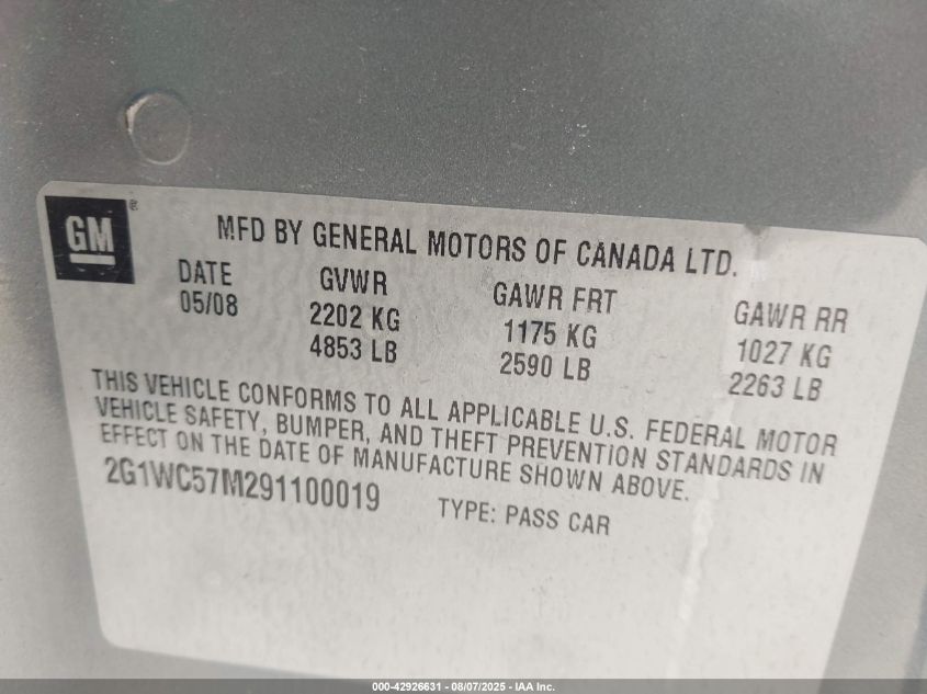 2009 Chevrolet Impala Lt VIN: 2G1WC57M291100019 Lot: 42926631
