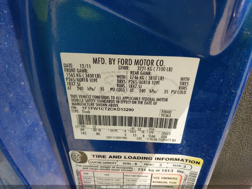 2012 Ford F-150 Xlt VIN: 1FTFW1CT2CKD13290 Lot: 42926632