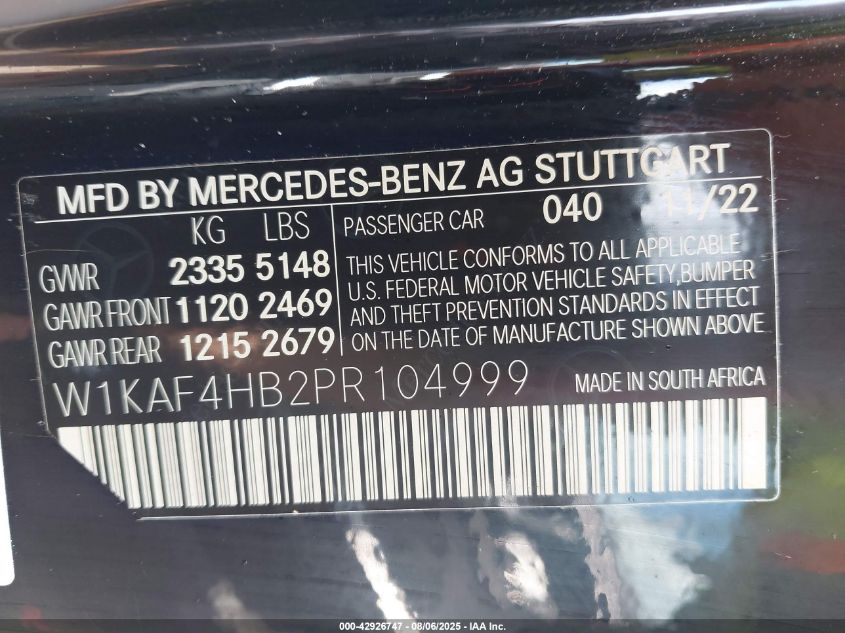 2023 Mercedes-Benz C 300 4Matic VIN: W1KAF4HB2PR104999 Lot: 42926747