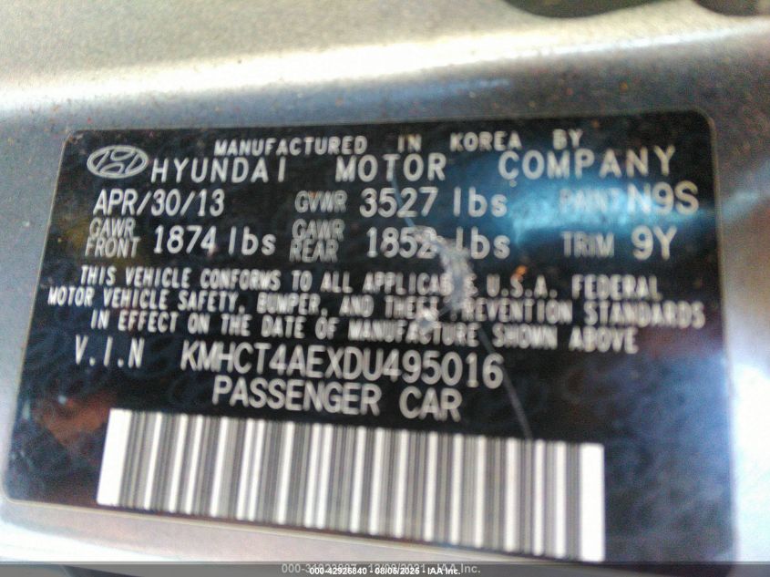2013 Hyundai Accent Gls VIN: KMHCT4AEXDU495016 Lot: 42926840