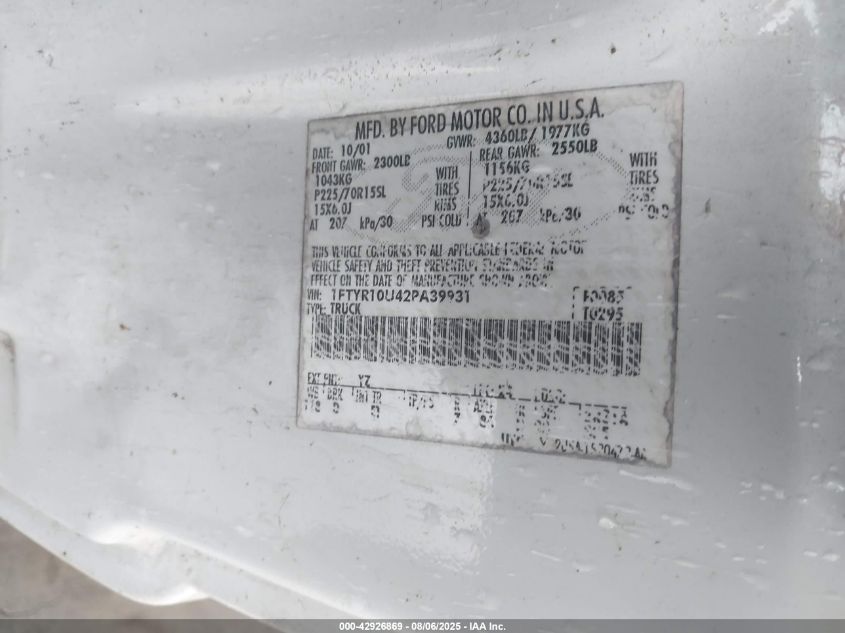 2002 Ford Ranger Edge/Xl/Xlt VIN: 1FTYR10U42PA39931 Lot: 42926869