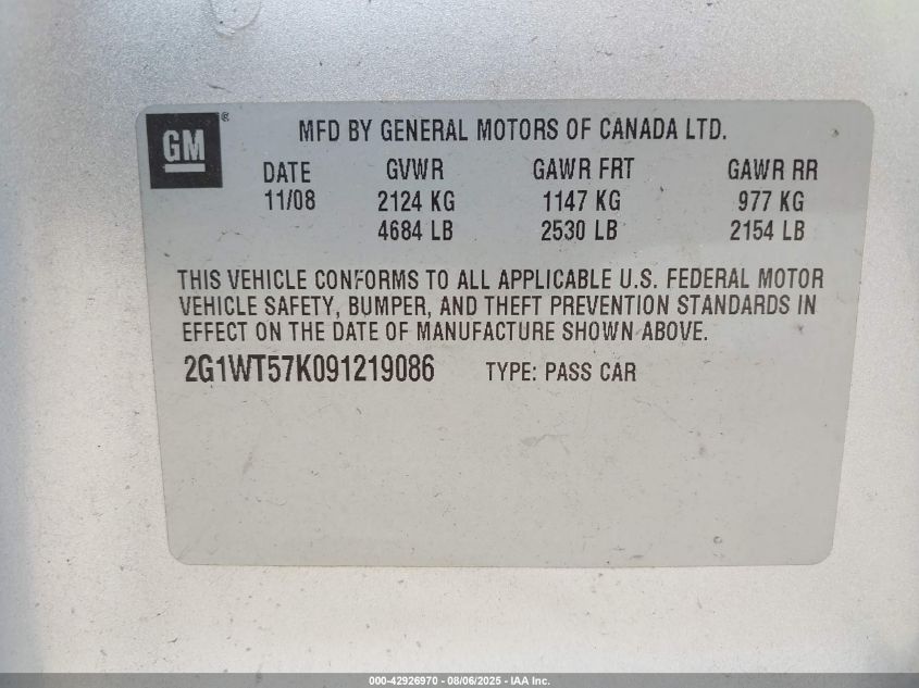 2009 Chevrolet Impala Lt VIN: 2G1WT57K691325896 Lot: 42926970