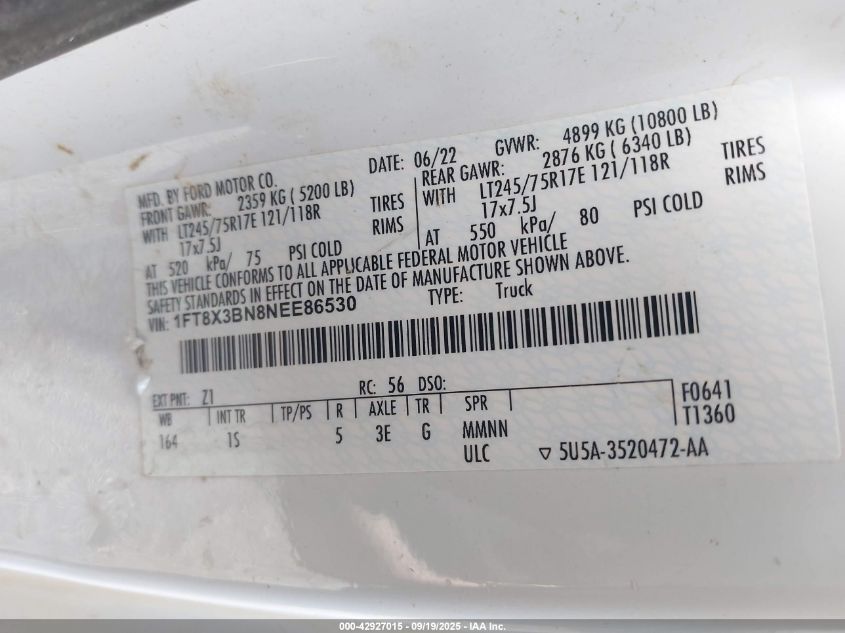 2022 Ford F-350 Xl VIN: 1FT8X3BN8NEE86530 Lot: 42927015