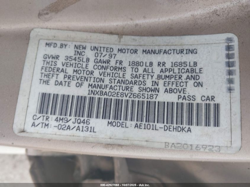 1997 Toyota Corolla Ce VIN: 1NXBA02E8VZ665187 Lot: 42927068